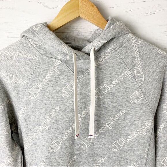 Champion logo hoodie light grey red navy stripe cuffs hem pullover ribbed XS - Picture 3 of 10